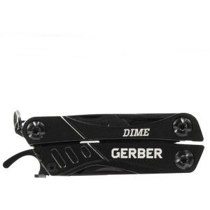 Schwarzes Gerber Multi-Tool Dime mit 12 Werkzeugen, geschlossen.