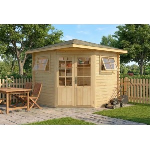 Unbehandeltes Alpholz 5-Eck Gartenhaus Sunny-B mit Spitzdach, 230x224 cm, im Garten.