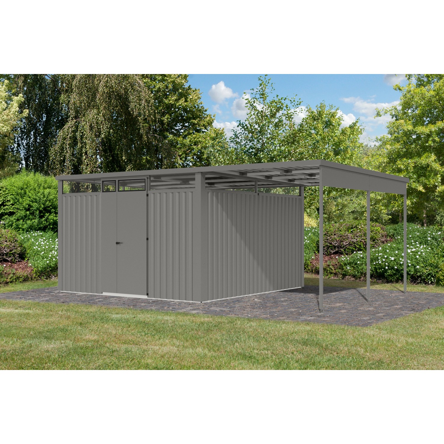 Karibu Metallgerätehaus Amato mit Anbaudach in Graualuminium, 220x342x342 cm.