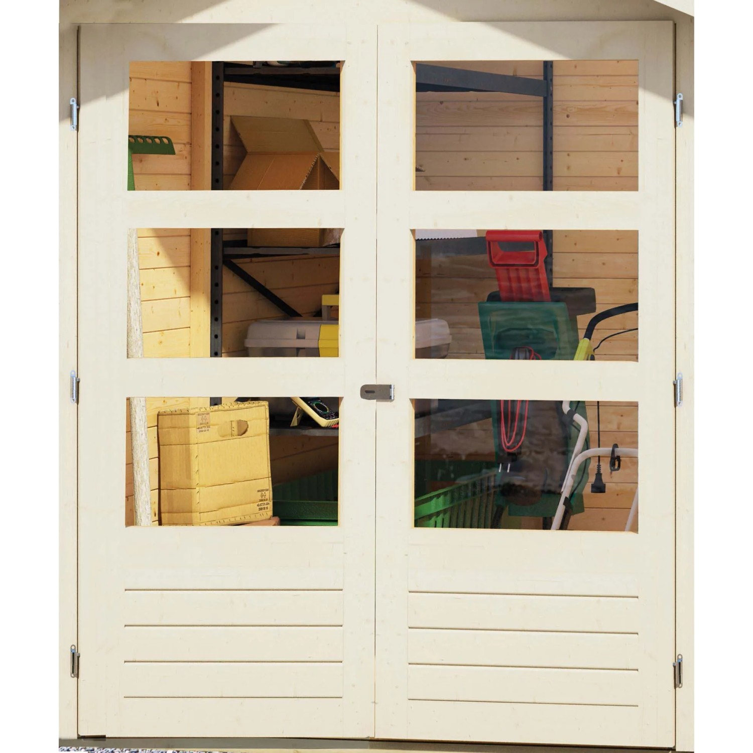 Detailaufnahme der Doppeltür vom terragrauen Karibu Holz-Gartenhaus Sölve mit Fenstern.