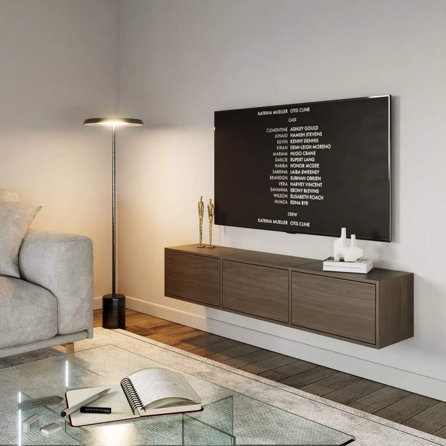Selsey TV-Hängeboard Framme 150 cm in Walnuss-Holzoptik mit 3 Klappen, wandmontiert im modernen Wohnzimmer.