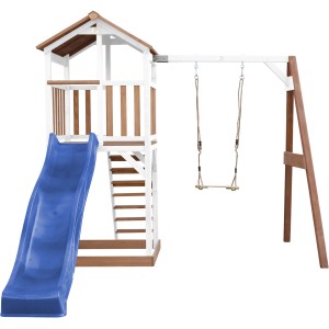 Axi Beach Tower Spielturm mit Schaukel, Rutsche blau, Holz braun-weiß. Spielanlage für Kinder.