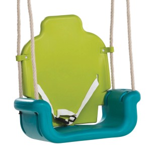 Axi 3-in-1 Baby-Schaukelsitz in Grün und Blau mit hoher Rückenlehne und Sicherheitsgurt.