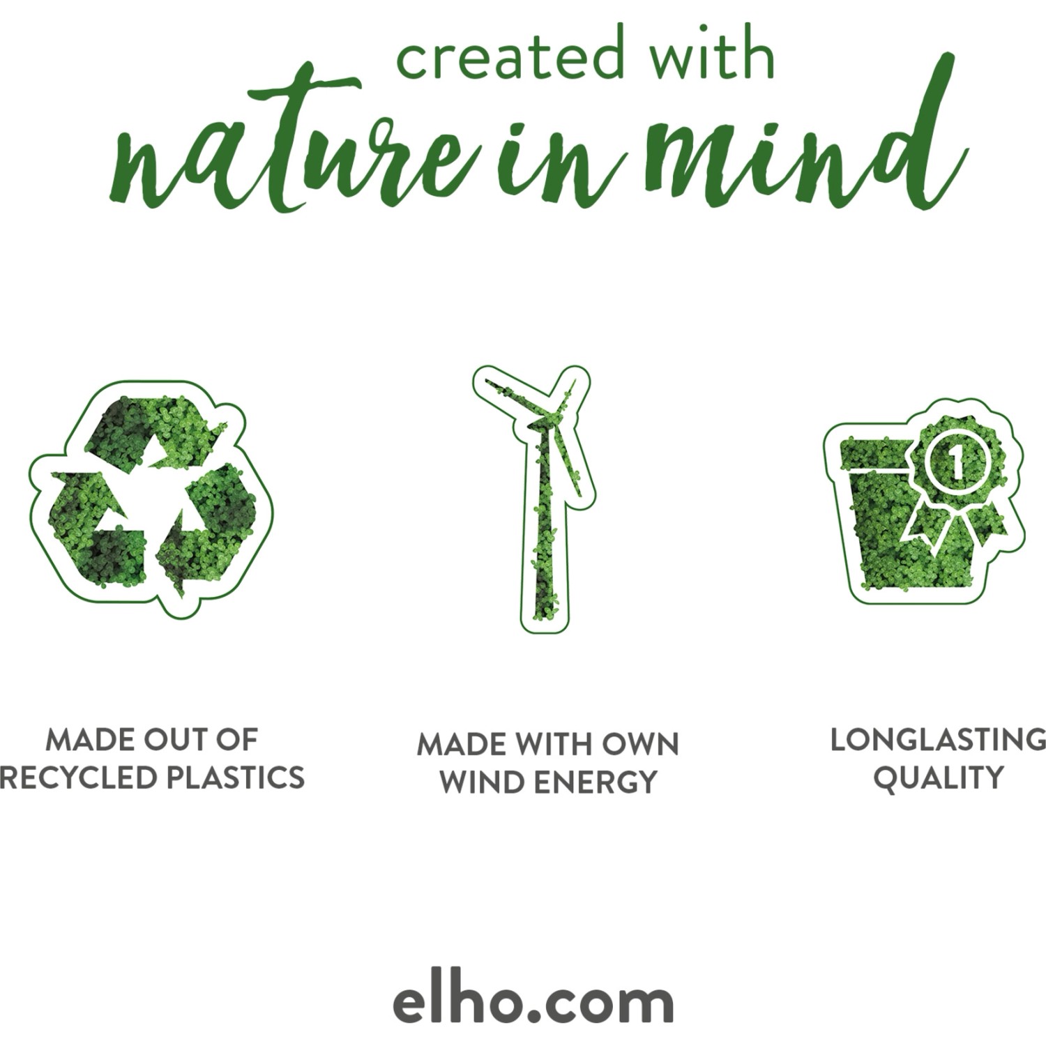 Symbole für Nachhaltigkeit des Elho Anzuchttopf Green Basics: Recycling, Windenergie, Qualität.