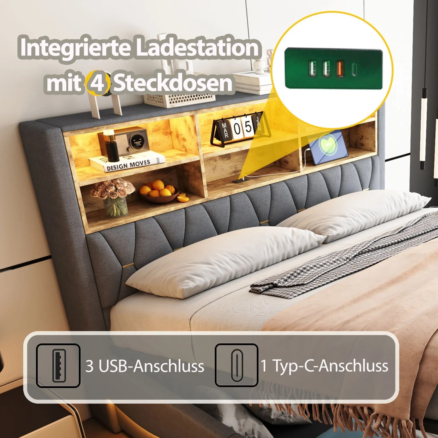 okwish Kinderbett 180x200cm mit LED Stauraum Kinderzimmer Grau ohne Matratze_3