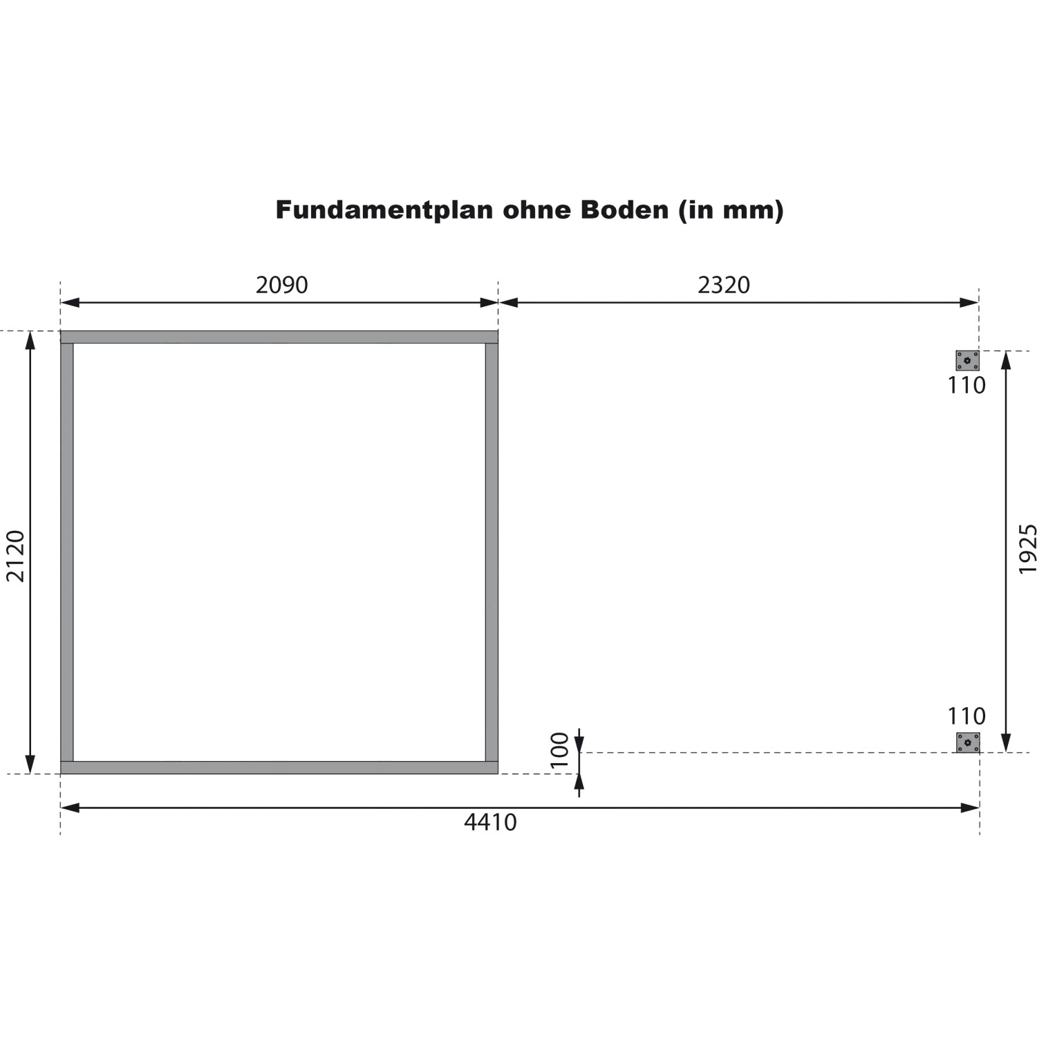 Fundamentplan des Karibu Gartenhaus Set Ernesto A mit Anbaudach, Maße in mm.