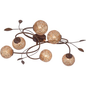 Paul Neuhaus Deckenleuchte Greta, 6-flammig, Rostfarben mit goldenen Leuchtkugeln.