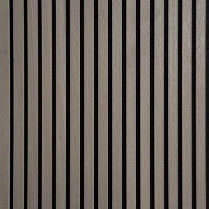Akustikpaneel Eiche Grau, MDF-Leisten auf schwarzem Filz für Wand- und Deckenverkleidung.