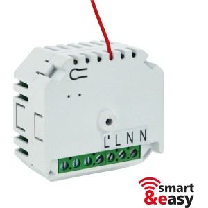 Funk-Empfänger Unterputz Infrae Smart & Easy WiFi, weißes Gehäuse mit rotem Kabel.