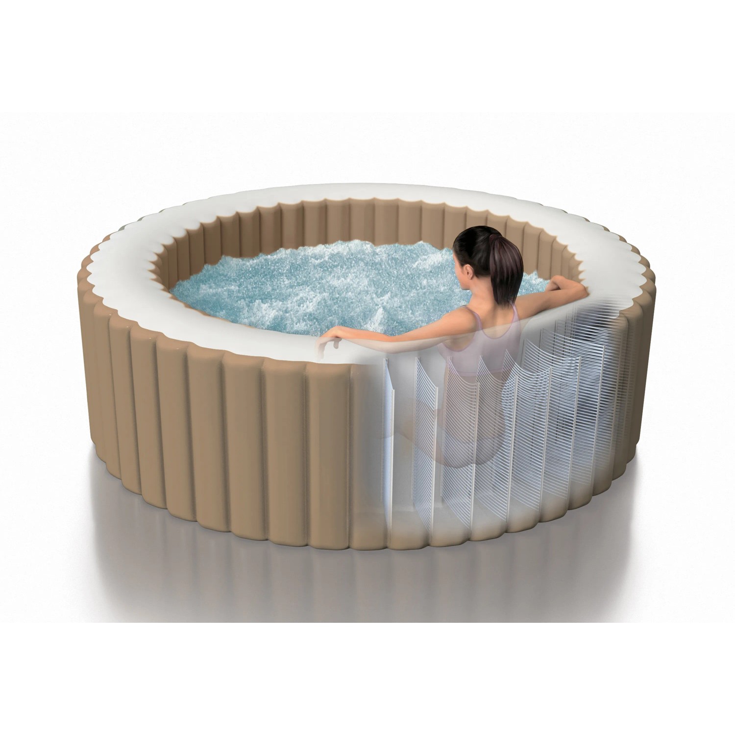 Beiger Intex PureSPA Bubble Massage Whirlpool aus Vinyl, Ø 216 cm, mit Person im Wasser.