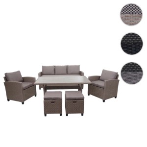 6-teilige Poly-Rattan Garnitur in Grau-Braun mit grauen Kissen: Sofa, Sessel, Tisch und Hocker.
