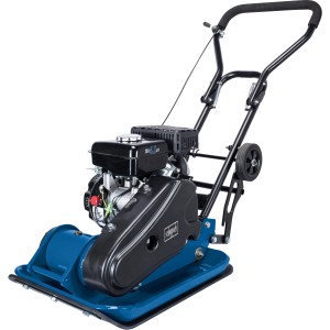 Scheppach Rüttelplatte HP2300S, blaue Baumaschine mit schwarzem Motor und Transporträdern.