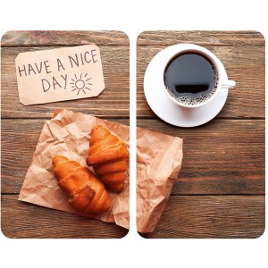 Allstar Glasabdeckplatten Nice Day 2er-Set: Croissants, Kaffee und "Have a Nice Day" auf Holz.