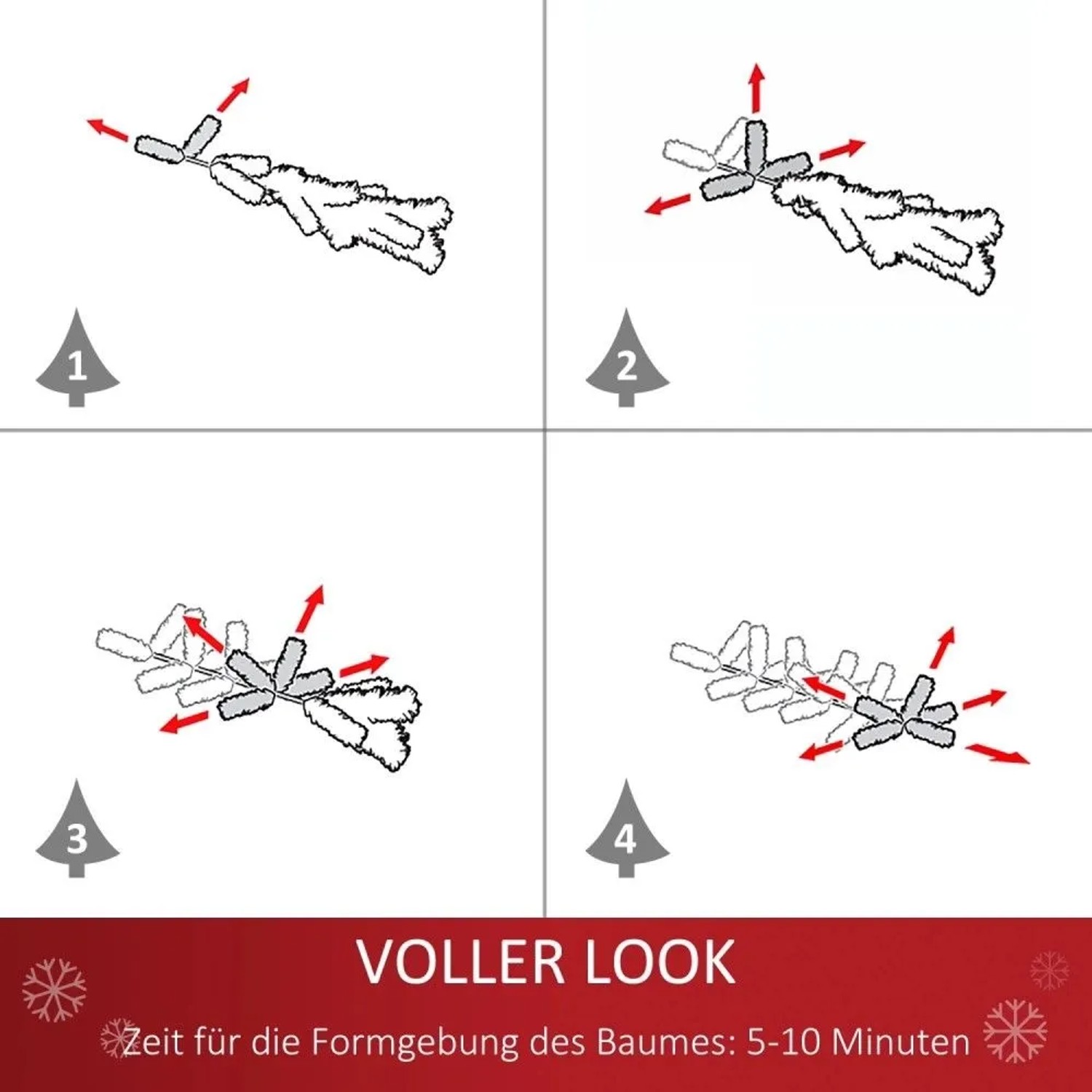 Anleitung zum Ausbreiten der Zweige des HOMCOM Weihnachtsbaums für volles, realistisches Aussehen. Weihnachtsdekoration.
