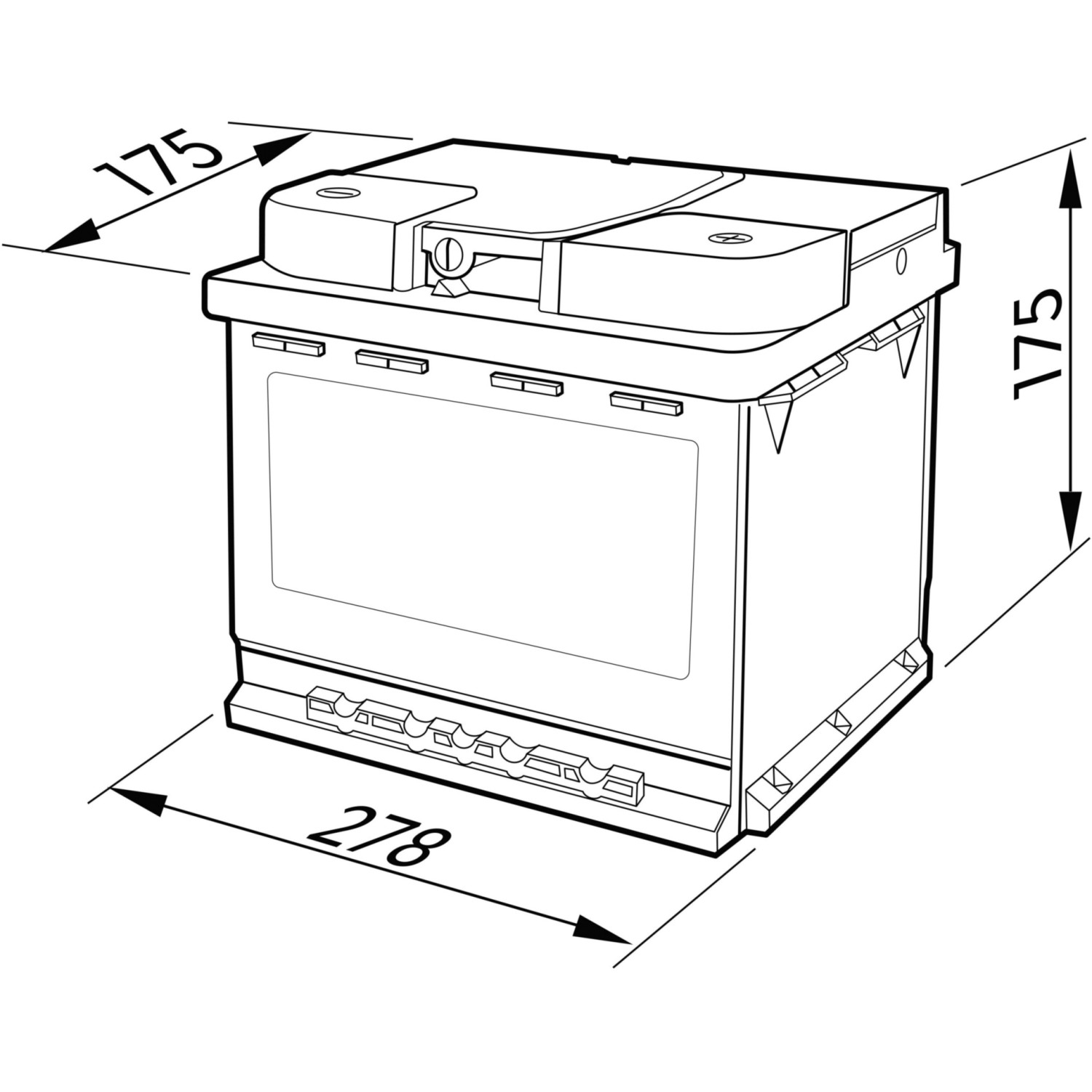 Cartec Starterbatterie Plus 70 Ah, Schema mit Maßen. Autobatterie für PKW und SUV.