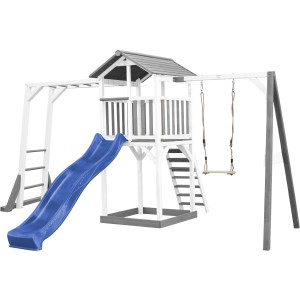 Axi Beach Tower Spielturm mit blauer Rutsche, Klettergerüst und Schaukel für den Garten.