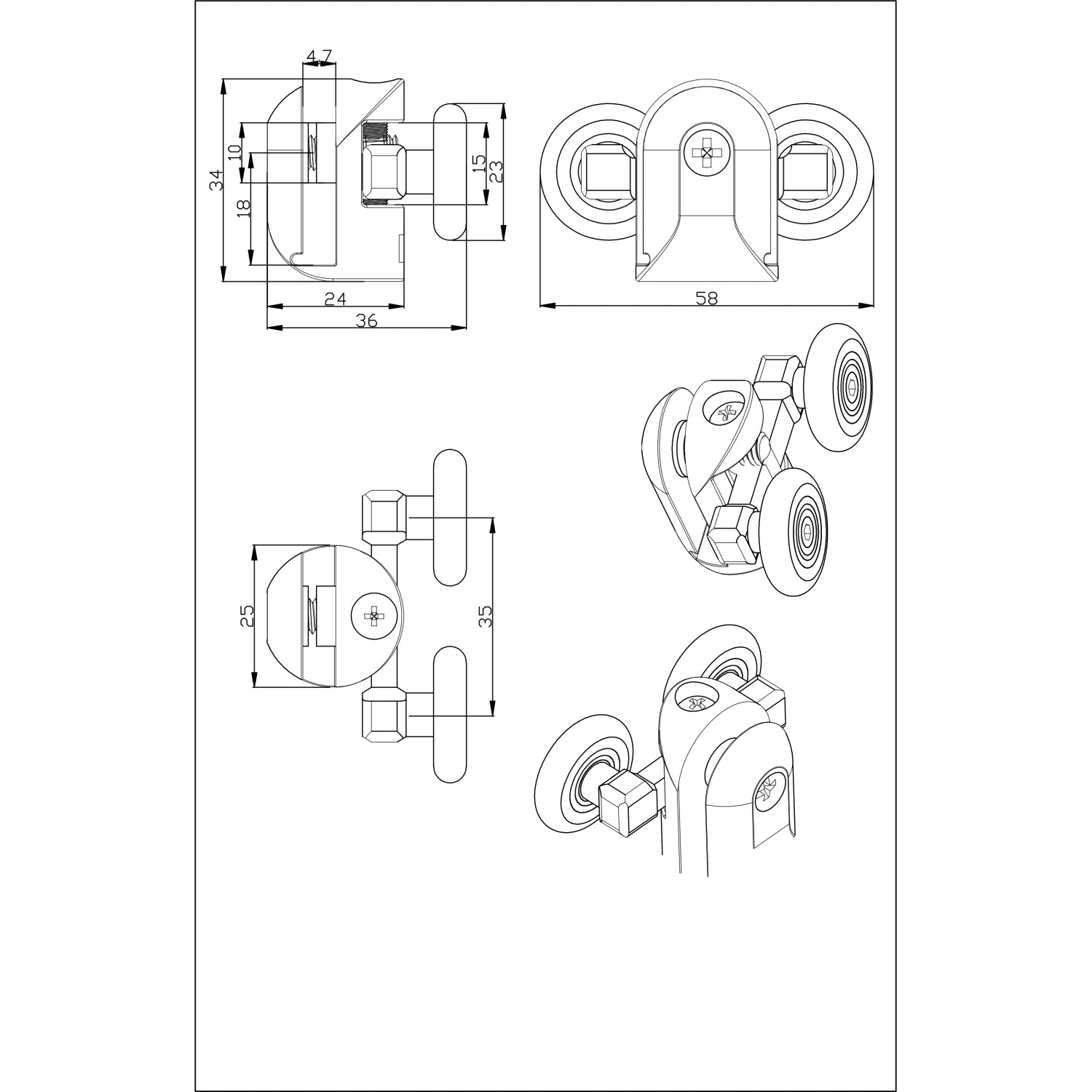 Technische Zeichnung: Doppelrollen-Set für Duschkabinen, geeignet für 4-5 mm Glasstärke.