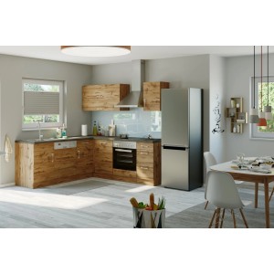 Moderne Winkelküche Sorrento in Wotaneiche-Optik, ohne E-Geräte. Küchenzeile mit Hänge- und Unterschränken.