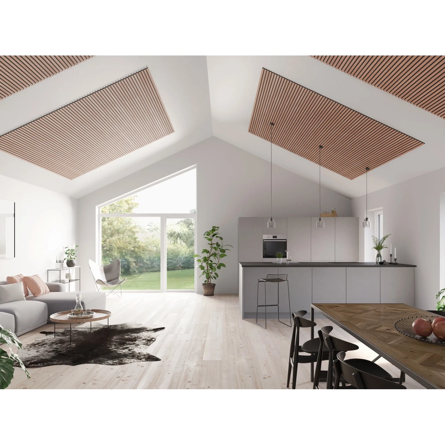 Wohnraum mit Mahagoni Akustikpaneelen an der Decke. Holzverkleidung verbessert Raumakustik.