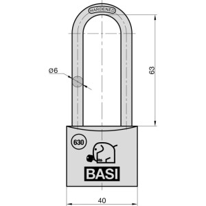 Technische Zeichnung: Basi Vorhangschloss VHS 630H, 40 mm, mit Maßen und Elefanten-Logo.