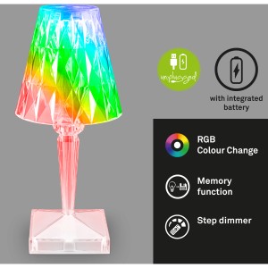 Brilo Akku-Tischleuchte mit Kristalloptik und RGB Farbwechsel, 25,5 cm hoch.