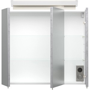 Posseik Spiegelschrank in Beton-Optik, 70 cm breit, mit offenen Softclose-Türen und Innenleben.