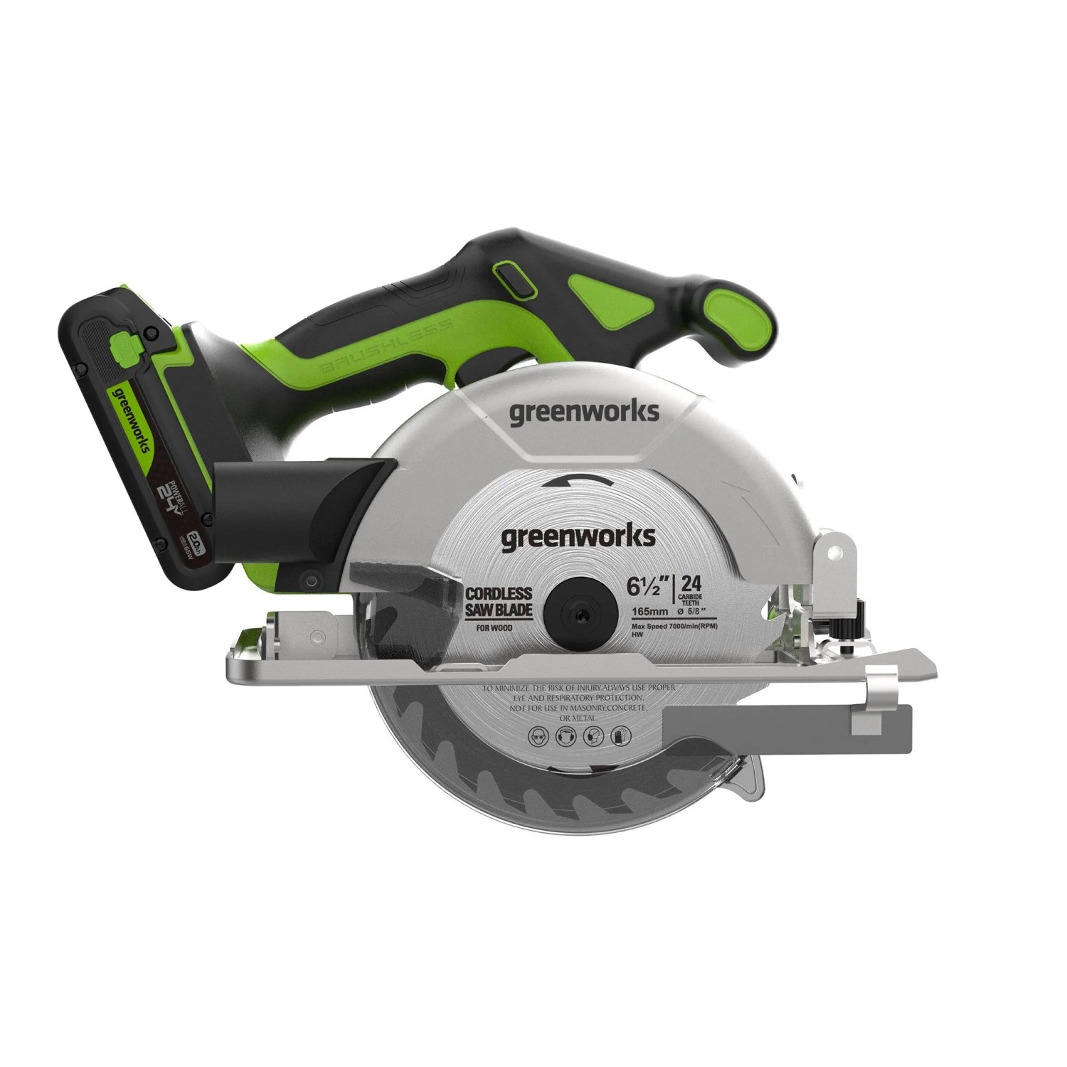Greenworks Akku-Kreissäge, 24 V, mit Akku und Sägeblatt. Für präzise Holzschnitte beim Heimwerken.