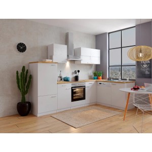 Respekta Winkelküche KBL280WWCG in Weiß/Nussbaum mit E-Geräten und viel Stauraum.