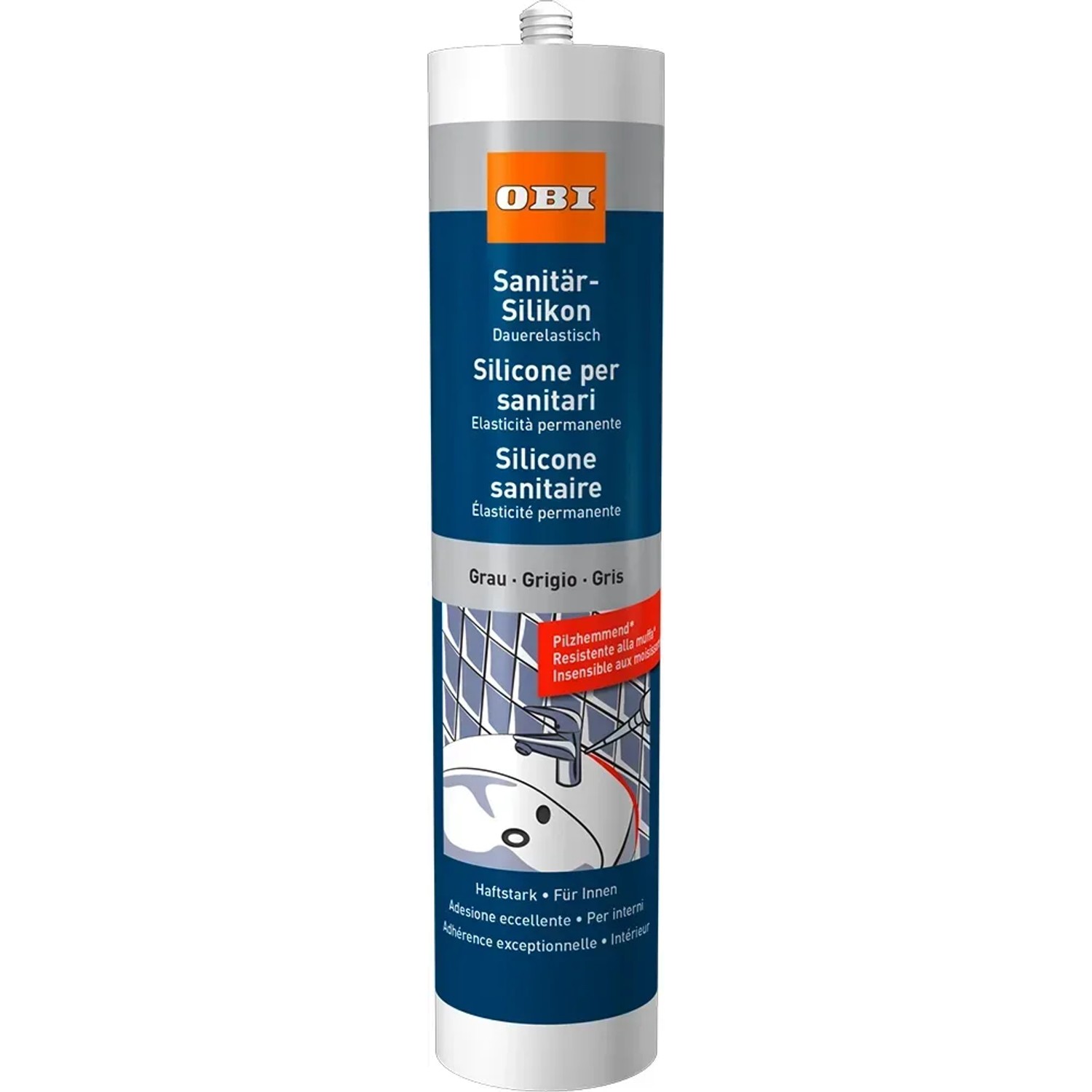 Graues OBI Sanitär-Silikon 310ml für Bad, Küche und WC. Dauerelastisch und pilzhemmend.