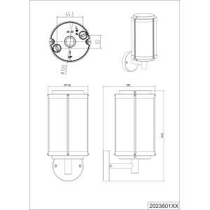 Technische Zeichnung der Trio Außenwandleuchte Tanaro in Anthrazit mit Maßangaben.