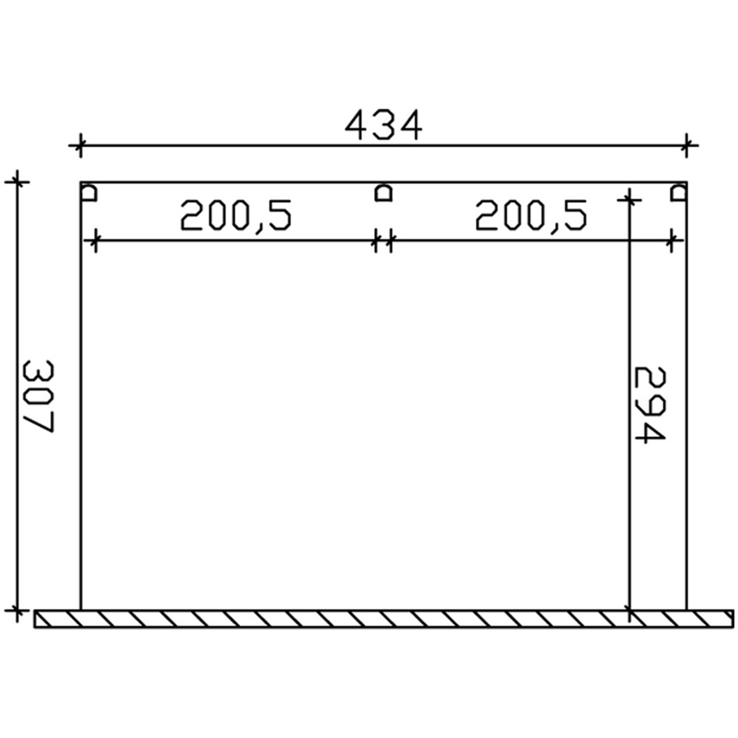 Technische Zeichnung der weißen Skan Holz Terrassenüberdachung Garda 434x307 cm mit Maßangaben.