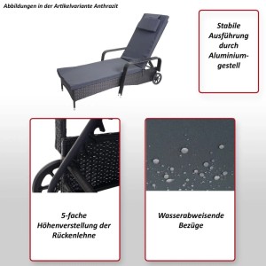 Anthrazitfarbene Poly-Rattan Sonnenliege Cesena mit beigen Kissen und verstellbarer Rückenlehne.