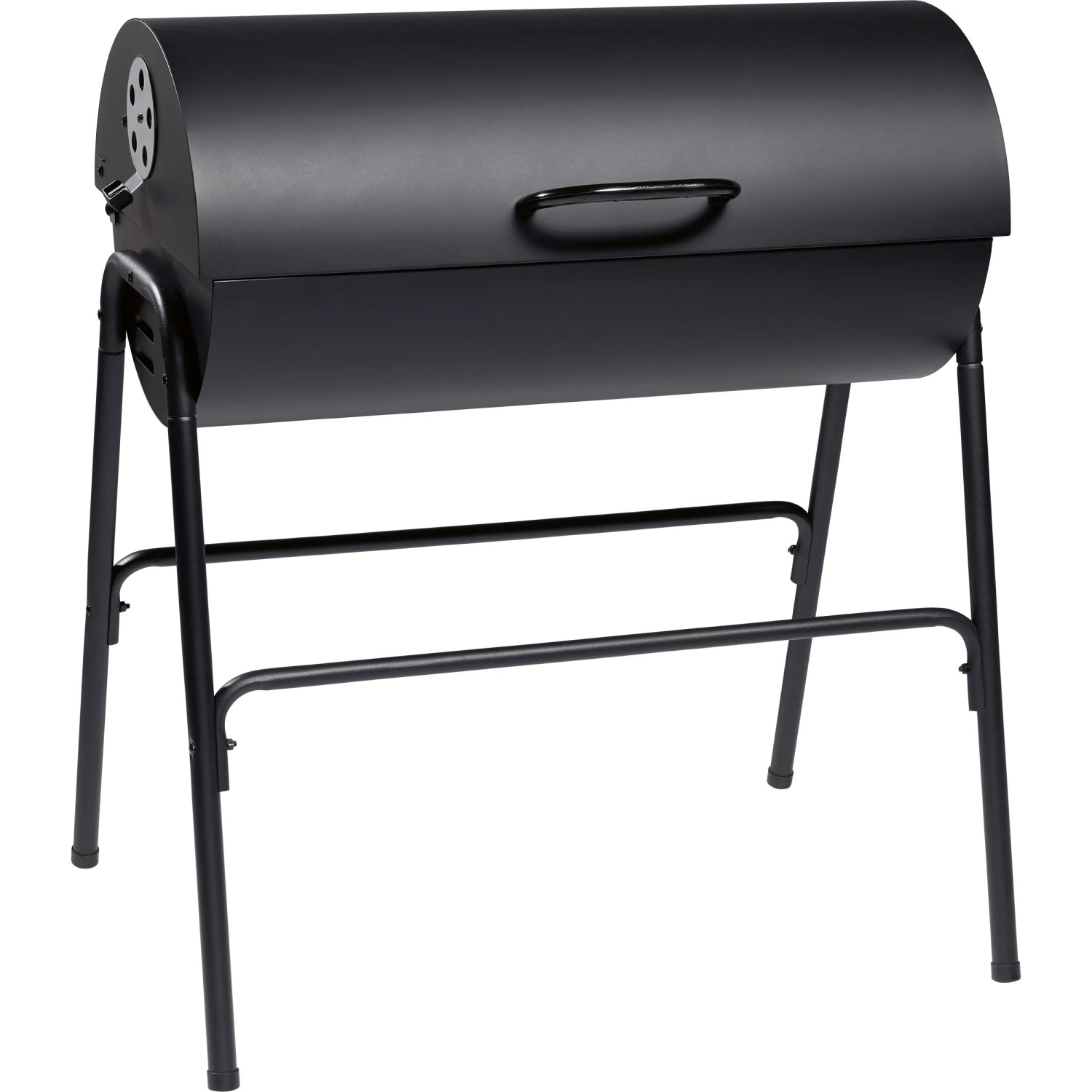 Schwarzer Holzkohlegrill in Fassform mit Deckel und Lüftungsregler.