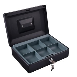 Offene, schwarze Master Lock Geldkassette CB-10ML (3,34 l) mit Münzeinsatz und Schlüssel.