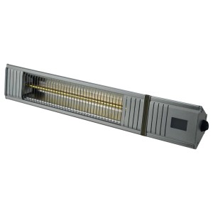 Alufarbener Heizstrahler Infrae 2000 W mit Fernbedienung für Wand- oder Deckenmontage.