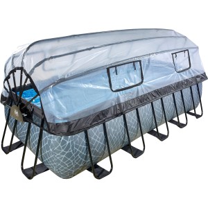 Grauer EXIT Stone Pool 540x250x122cm mit Abdeckung und Sandfilterpumpe.