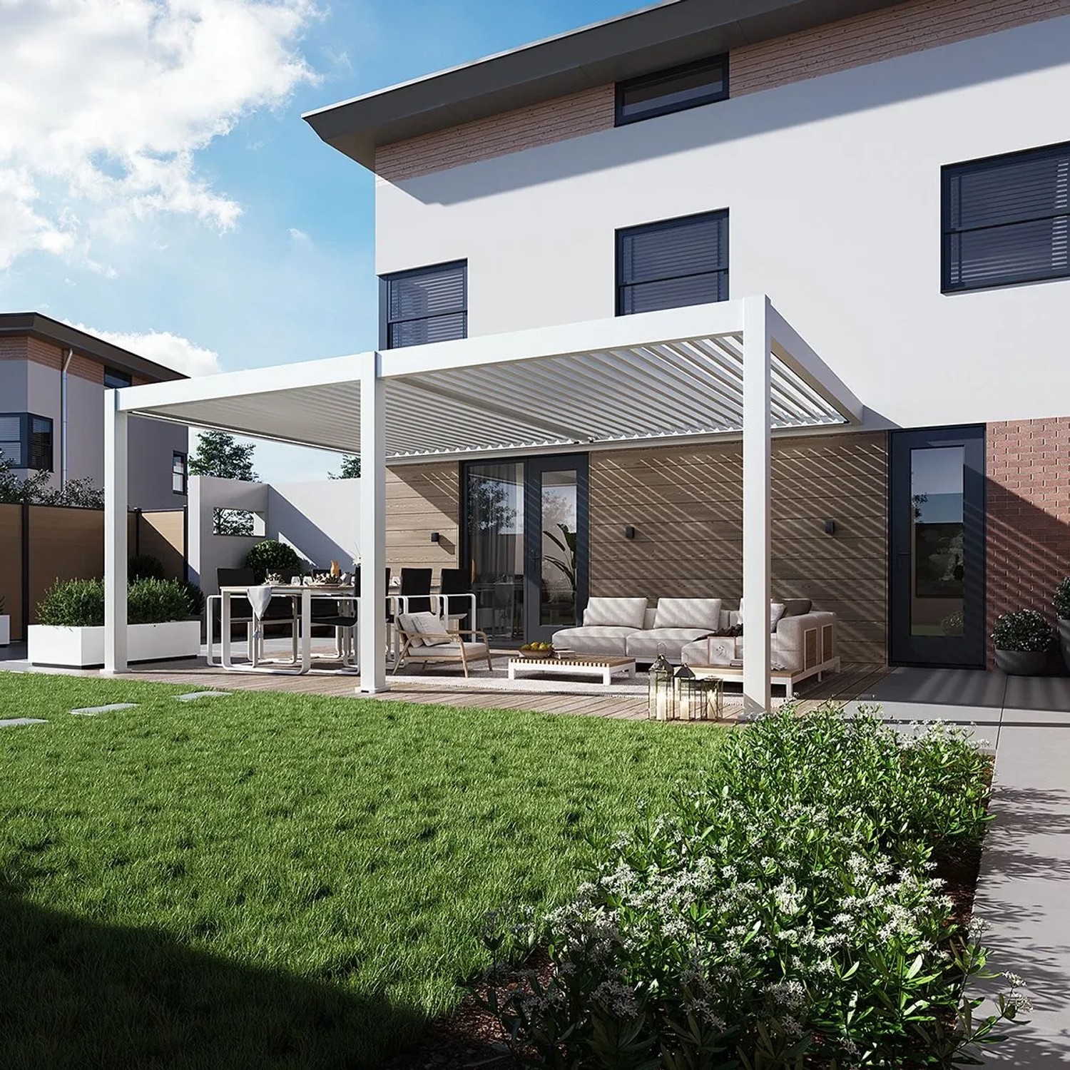 Weide E-Deluxe Plus | elektrische Wand Pergola mit LED | Voll Aluminium | 4 x 6 M | motorisiertes Lamellendach weiß_5