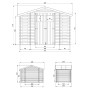 Technische Zeichnung: Timbela Gartenhaus Holz mit Brennholzregalen, Maße und Ansichten.