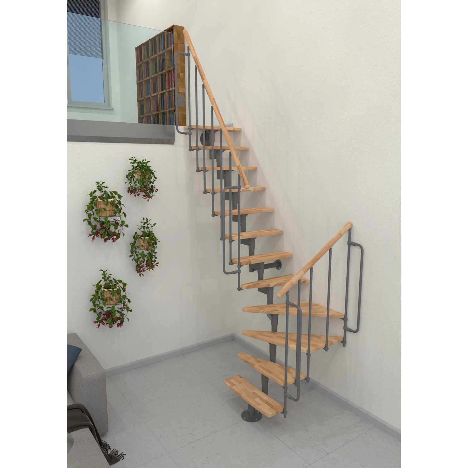 Minka Raumspartreppe Joker Turn, grau/buche hell, Innentreppe mit Metallgeländer und Holzstufen.