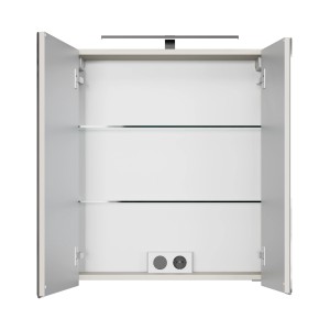 Offener Pelipal Spiegelschrank Quantum 07, Kaschmir Matt, mit LED-Leuchte, Glasböden und Steckdose.