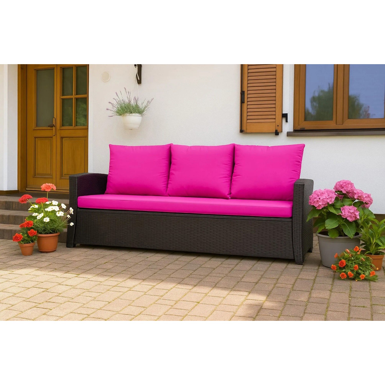 Gartensofa mit pinkfarbenen Kissen: Setgarden Mix-Techno Gartenkissen für Polyrattan Möbel.