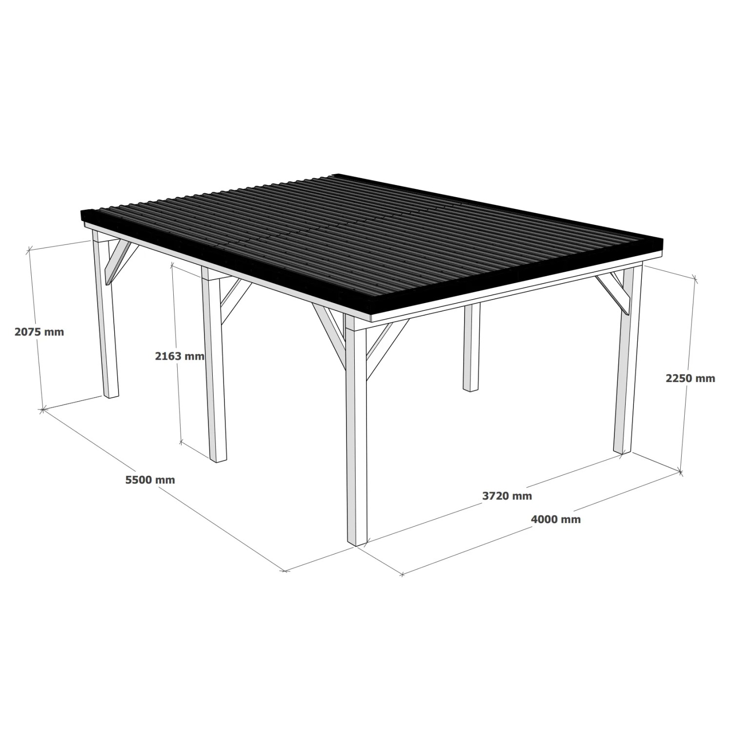 Holzbrüder Einzelcarport Ralf, graubraun, mit dunkelbraunem Blechdach. Technische Zeichnung mit Maßen.