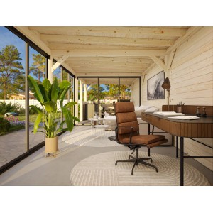 Innenansicht: Palmako Pavillon Lenna Set 419, weiß lackiert, mit Schiebetüren und Büroeinrichtung.