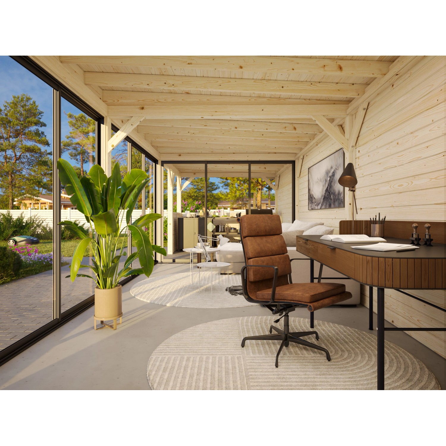 Innenansicht: Palmako Pavillon Lenna Set 419, weiß lackiert, mit Schiebetüren und Büroeinrichtung.