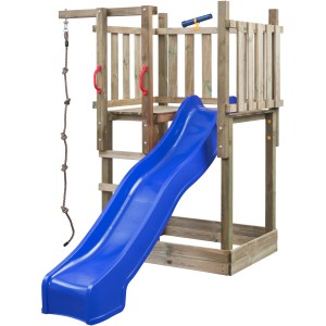 SwingKing Spielturm Mario mit blauer Rutsche, Kletterseil und Teleskop aus Holz.