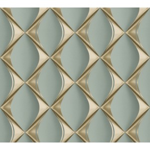 Vliestapete mit 3D Eukalyptus Design in Grün und Gold, leicht strukturiert.