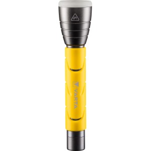 Gelb-graue Varta LED-Taschenlampe Outdoor Sports F20 mit Batterien.
