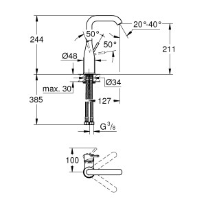 Technische Zeichnung: Grohe Essence Waschtischarmatur L-Size, Chrom, mit Maßen.
