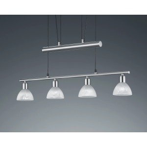 Nickel-matte Trio LED-Pendelleuchte Jojo Levisto mit vier alabasterfarbenen Glasschirmen.