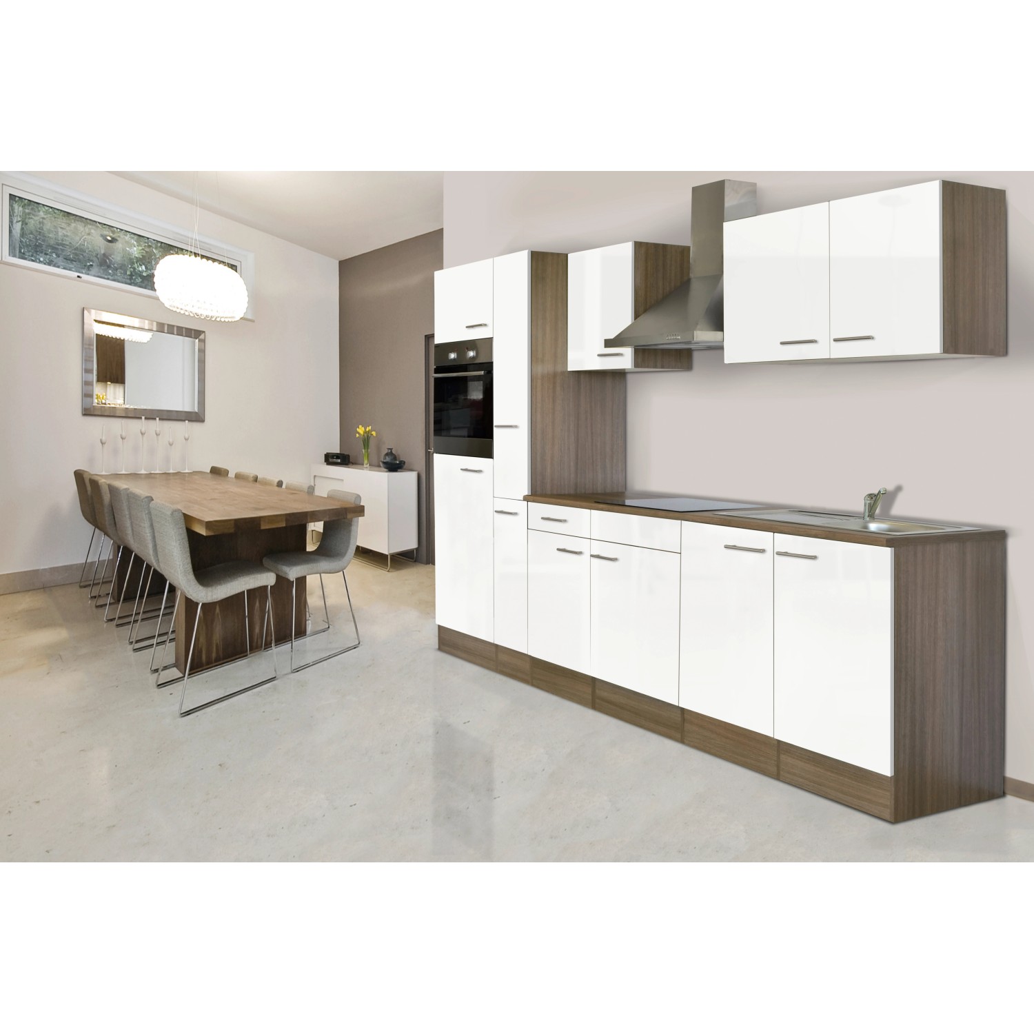 Respekta Küchenzeile KB300EYW, 300 cm, Weiß Seidenglanz/Eiche York Nachbildung mit E-Geräten.